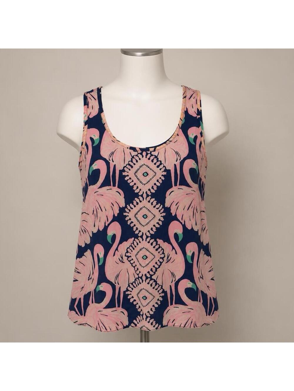Lilly Pulitzer Pink Flamingo Print Silk Tank Top XS Gimme Some Leg Print